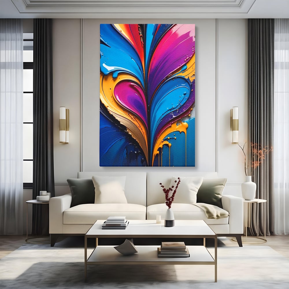 Tablou canvas cu pictura abstracta cu valuri colorate, fara rama, pe sasiu de lemn, pe perete intr-un living